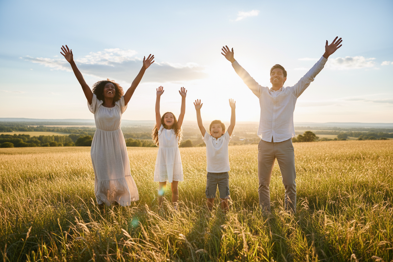 Happy family feeling free after filing past due taxes